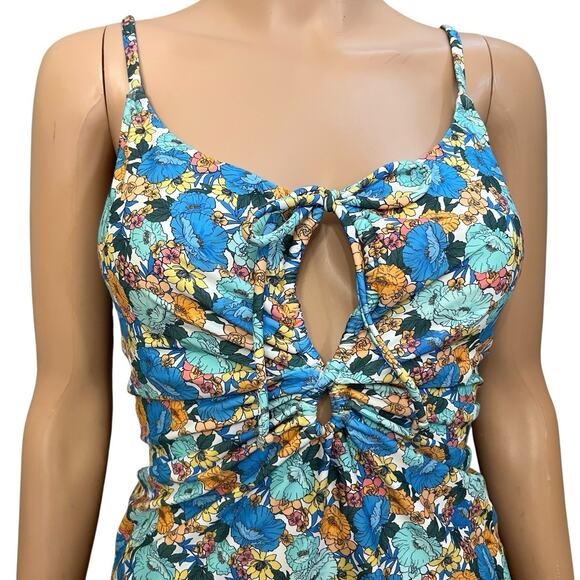 Cupshe One Piece Floral Swimsuit XL Ruched Tied Front Cutout Cheeky White Multi - Picture 2 of 7